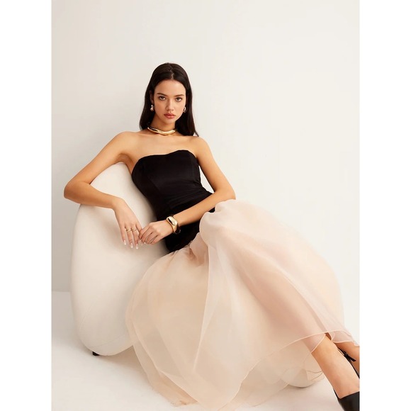 Commense Black Velvet Strapless Tulle Overlay Cocktail Evening Dress Size M - Picture 2 of 7